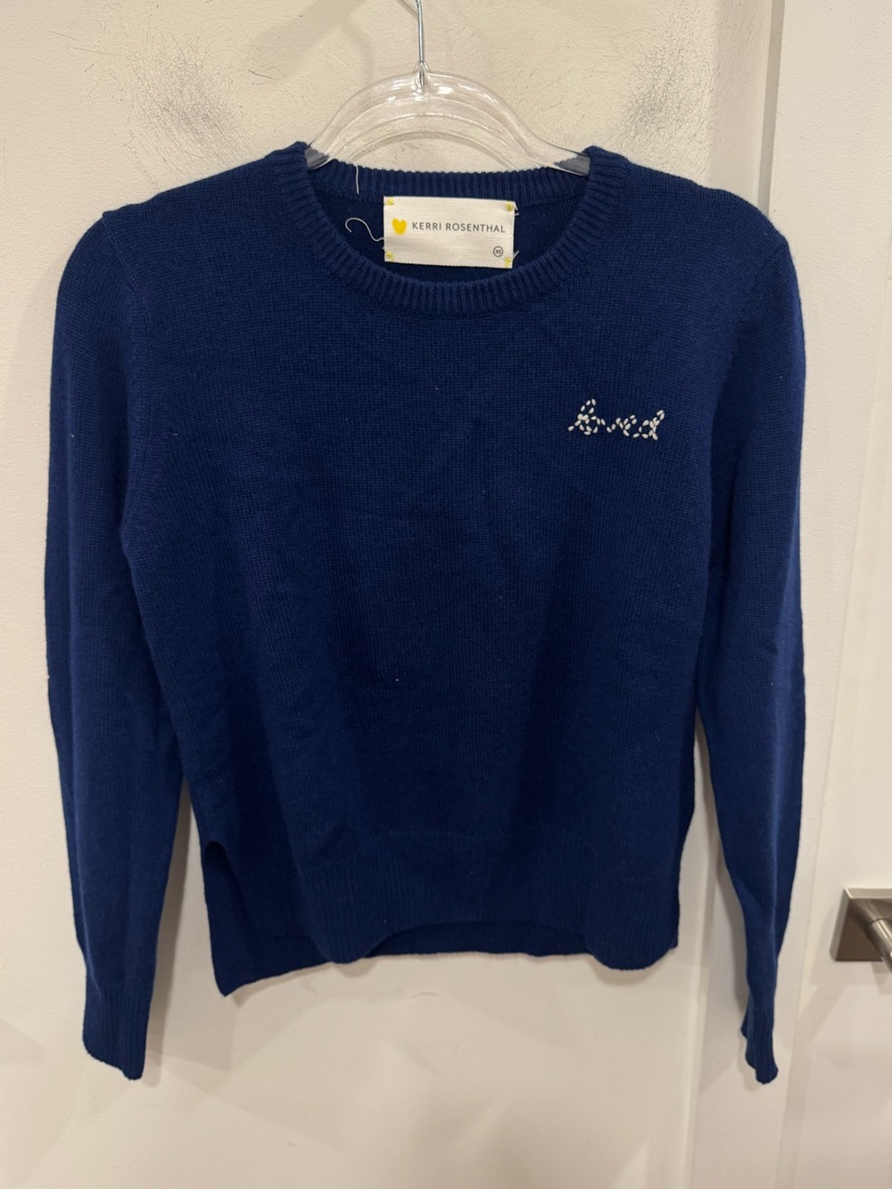 Kerri Rosenthal Navy Crew Sweater with Script Embroidery